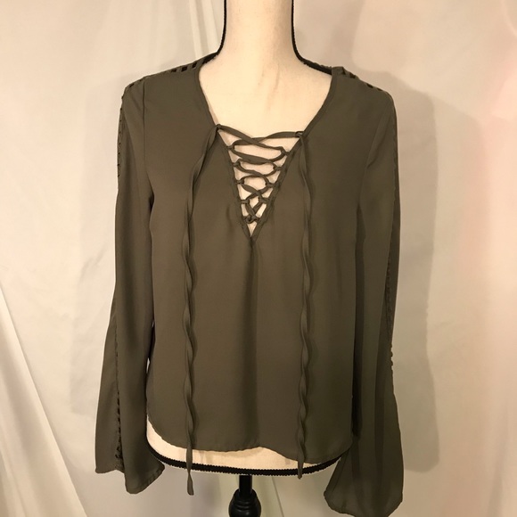 Charlotte Russe Lace up Neck Bell Sleeve Blouse - Picture 1 of 4